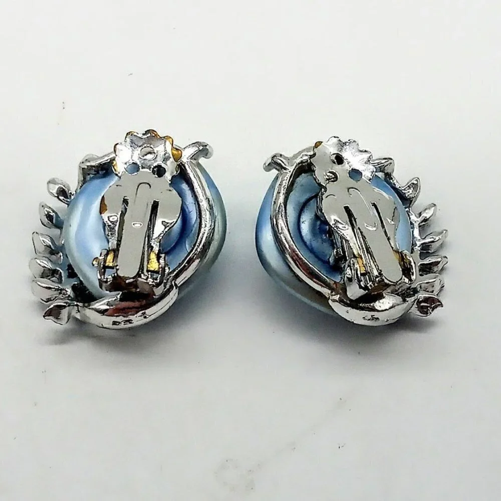 Vintage Blue Mabe Pearl & Enamel Leaf Silver Finish Clip Earrings